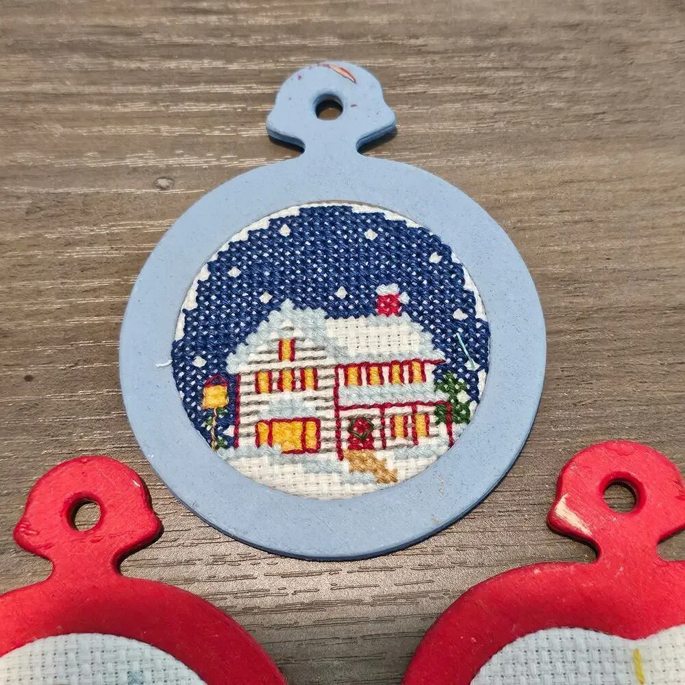 Vintage Christmas Cross Stitch Ornaments 80s Hand Made Santa Candle Snow Toys